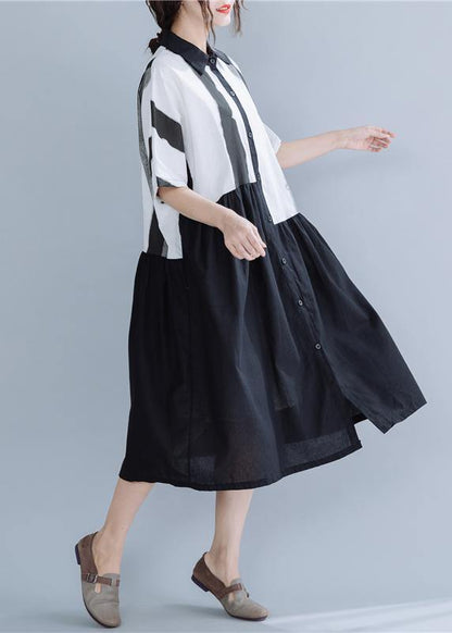 Chic lapel patchwork linen dresses Neckline black striped Dress summer - SooLinen