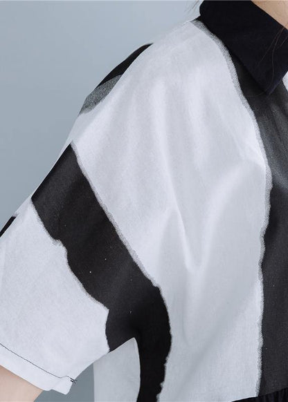 Chic lapel patchwork linen dresses Neckline black striped Dress summer - SooLinen