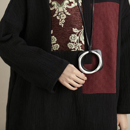 Chic linen Robes plus size Women Long Sleeve Pockets High-Low Hem Raw-Edge Trim Dress