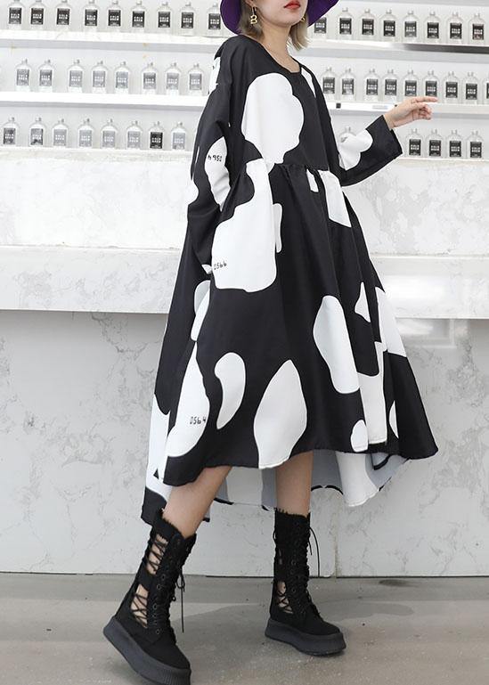 Chic low high design cotton high waist Tunics Sleeve black cotton robes Dresses - SooLinen
