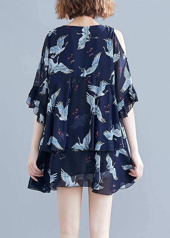 Chic navy print chiffon dresses Vintage Outfits v neck Ruffles Summer Dresses - SooLinen
