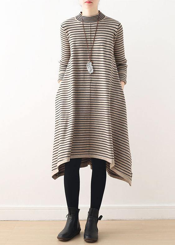 Chic nude striped Sweater outfits DIY high neck daily sweater dress - SooLinen