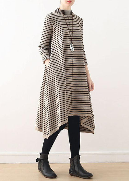 Chic nude striped Sweater outfits DIY high neck daily sweater dress - SooLinen