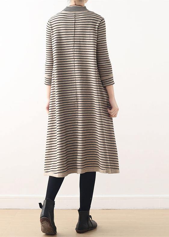 Chic nude striped Sweater outfits DIY high neck daily sweater dress - SooLinen