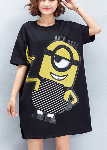 Chic o neck Cotton tunic top Stitches Inspiration black print Art Dresses Summer