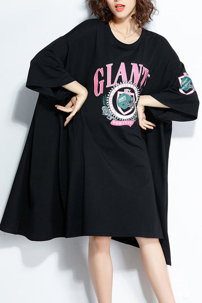 Chic o neck baggy Cotton plus size Tunic Tops black loose Dresses summer