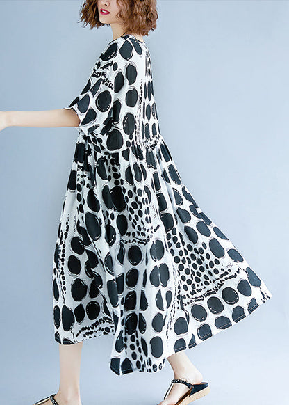 Chic o neck Extra large hem cotton linen clothes For Women Runway black dotted Art Dress Summer