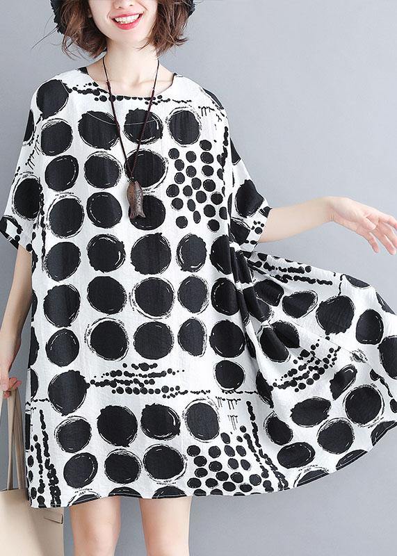 Chic o neck linen quilting dresses Tunic Tops black plaid Dresses summer - SooLinen