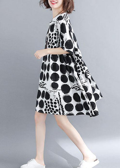 Chic o neck linen quilting dresses Tunic Tops black plaid Dresses summer - SooLinen