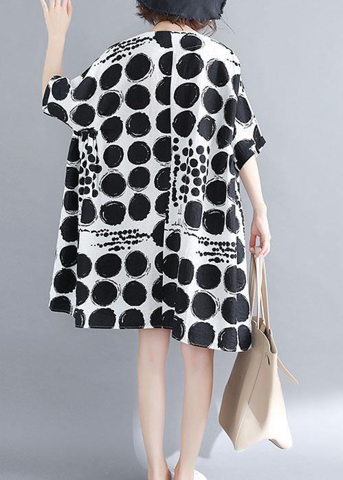 Chic o neck linen quilting dresses Tunic Tops black plaid Dresses summer - SooLinen