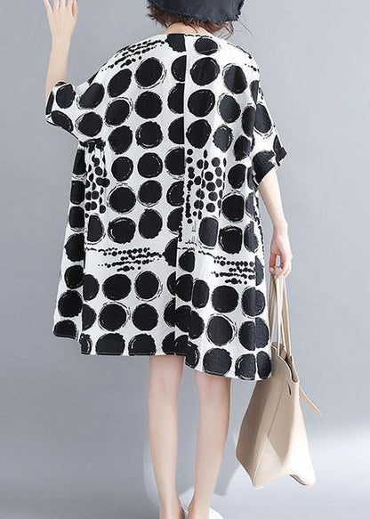 Chic o neck linen quilting dresses Tunic Tops black plaid Dresses summer - SooLinen