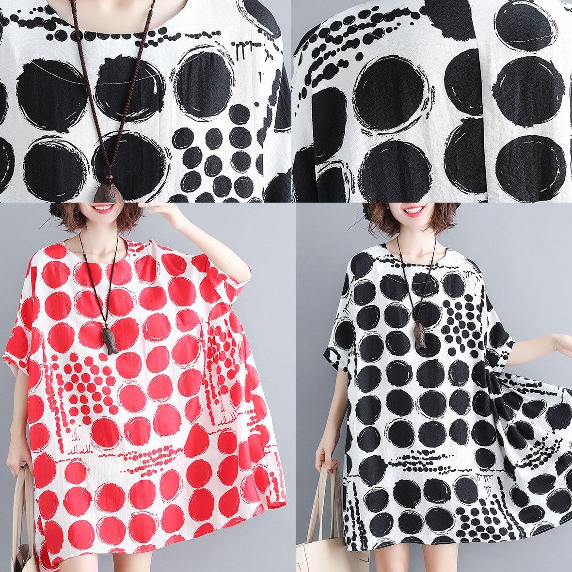 Chic o neck linen quilting dresses Tunic Tops black plaid Dresses summer - SooLinen