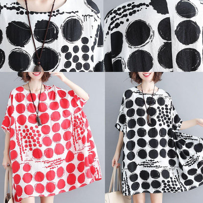 Chic o neck linen quilting dresses Tunic Tops black plaid Dresses summer - SooLinen