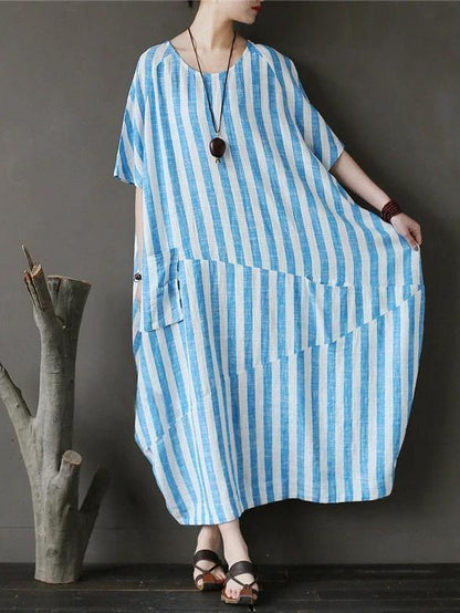 Chic o neck patchwork cotton dresses Tutorials green striped Traveling Dresses - SooLinen