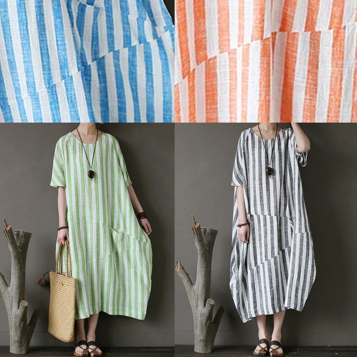 Chic o neck patchwork cotton dresses Tutorials green striped Traveling Dresses - SooLinen