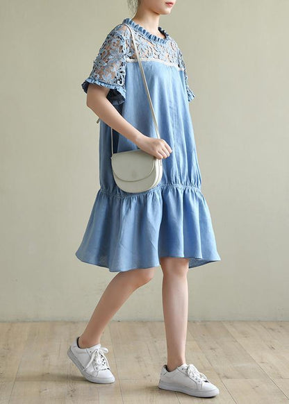 Chic o neck patchwork lace summer dress light blue Dresses - SooLinen
