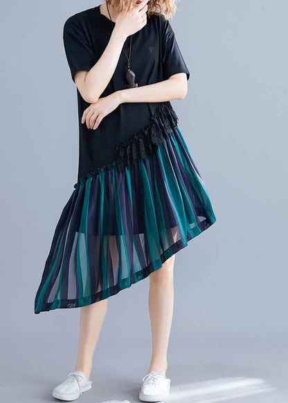 Chic o neck patchwork quilting clothes blue striped Dresses summer - SooLinen