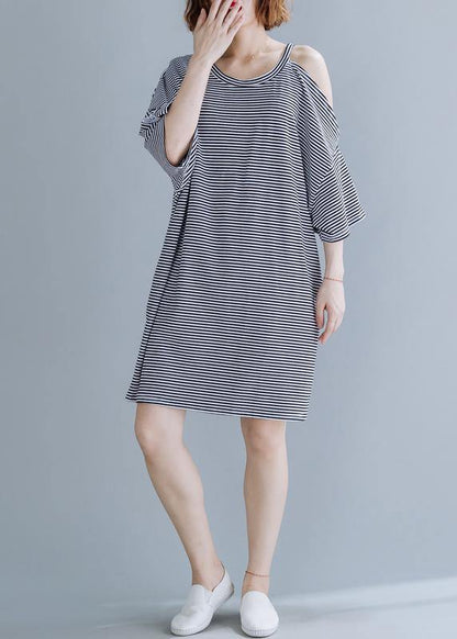 Chic o neck side open Cotton tunic dressSewing black striped Dress - SooLinen