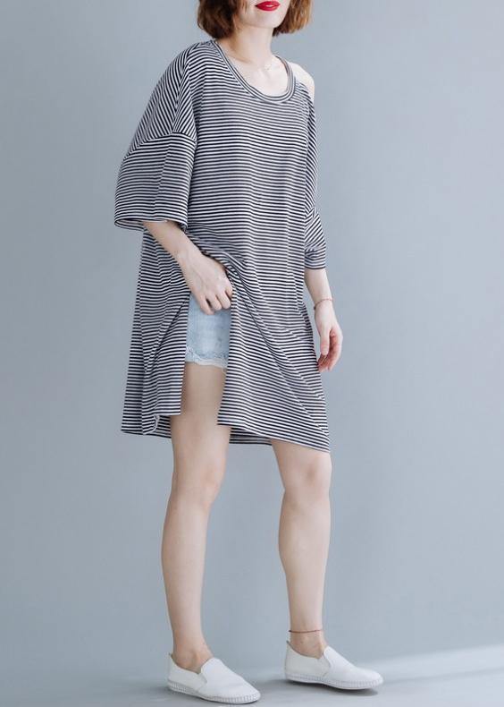 Chic o neck side open Cotton tunic dressSewing black striped Dress - SooLinen