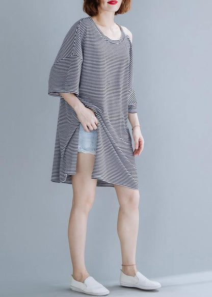 Chic o neck side open Cotton tunic dressSewing black striped Dress - SooLinen