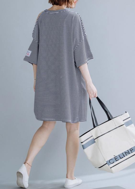 Chic o neck side open Cotton tunic dressSewing black striped Dress - SooLinen