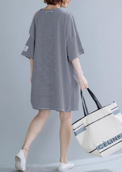 Chic o neck side open Cotton tunic dressSewing black striped Dress - SooLinen