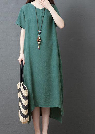 Chic o neck side open cotton dresses Sewing green Kaftan Dress summer - SooLinen