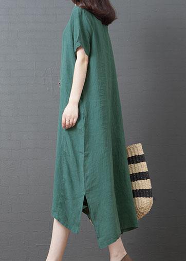Chic o neck side open cotton dresses Sewing green Kaftan Dress summer - SooLinen