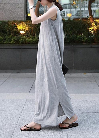 Chic o neck sleeveless cotton quilting dresses Runway gray cotton robes Dresses - SooLinen