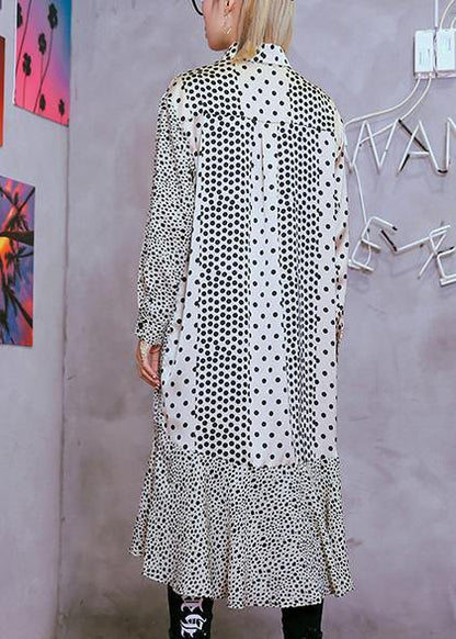 Chic patchwork Cotton tunic dress Sleeve white dotted Dress summer - SooLinen
