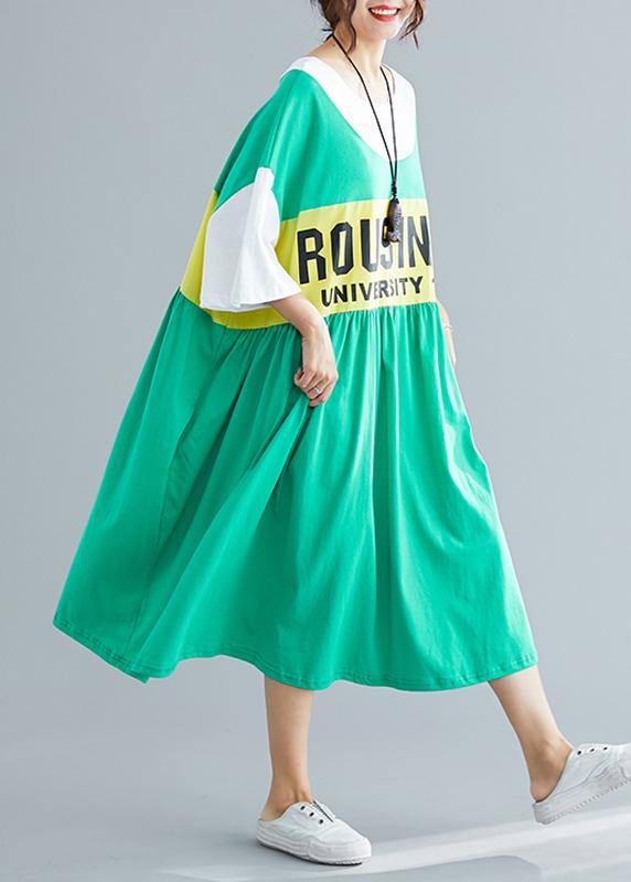 Chic patchwork cotton dress Inspiration green Plus Size Dress summer - SooLinen