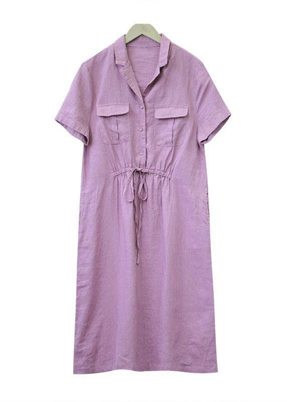 Chic purple linen clothes For Women drawstring Notched cotton summer Dress - SooLinen
