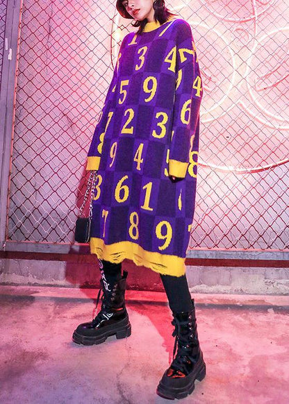 Chic purple print Sweater Wardrobes Design o neck Hole Funny sweater dress - SooLinen