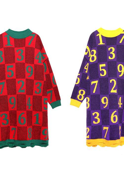 Chic purple print Sweater Wardrobes Design o neck Hole Funny sweater dress - SooLinen