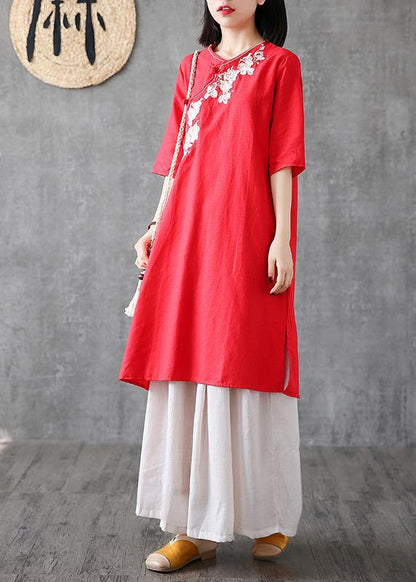Chic red cotton dresses embroidery Chinese Button short  Dress - SooLinen