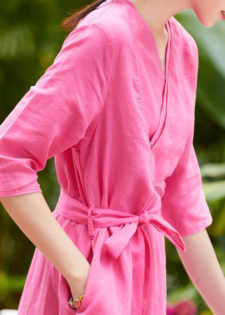 Chic rose linen outfit v neck patchwork Robe summer Dresses - SooLinen