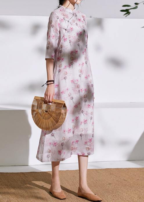 Chic stand collar Chinese Button linen clothes For Women design light pink Dresses - SooLinen
