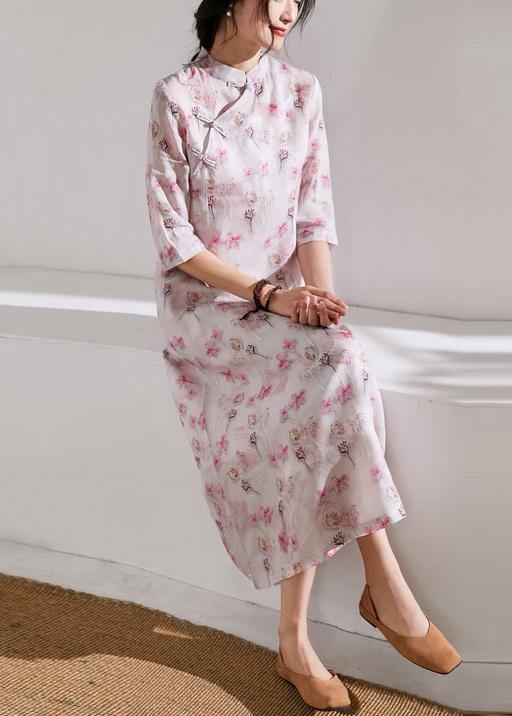 Chic stand collar Chinese Button linen clothes For Women design light pink Dresses - SooLinen