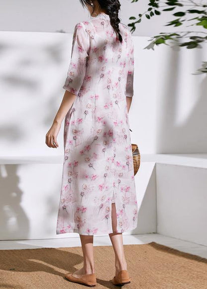 Chic stand collar Chinese Button linen clothes For Women design light pink Dresses - SooLinen