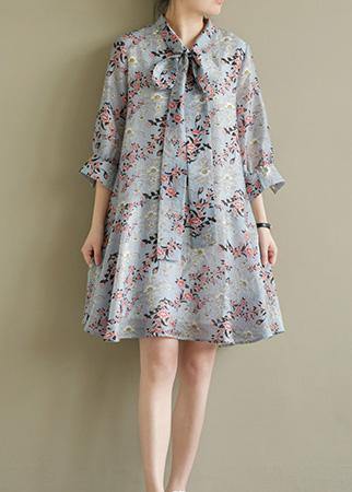 Chic stand collar half sleeve light blue print Dress summer - SooLinen