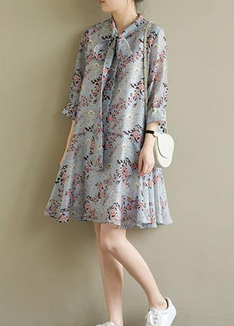 Chic stand collar half sleeve light blue print Dress summer - SooLinen