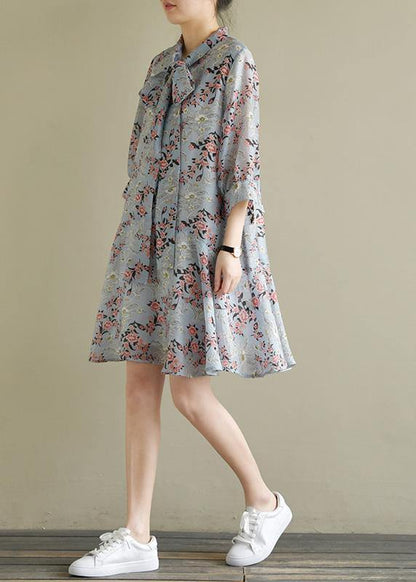 Chic stand collar half sleeve light blue print Dress summer - SooLinen