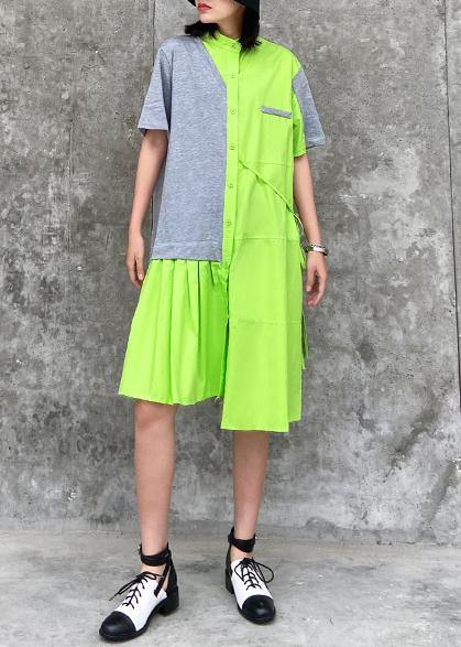 Chic stand collar patchwork Cotton clothes For Women green Dresses - SooLinen