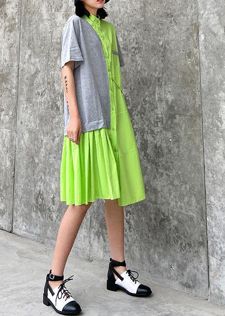 Chic stand collar patchwork Cotton clothes For Women green Dresses - SooLinen