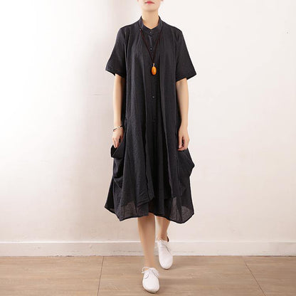 Chic stand collar pockets cotton linen v neck quilting dresses Tunic Tops black striped Dresses - SooLinen