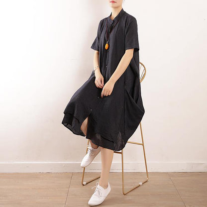Chic stand collar pockets cotton linen v neck quilting dresses Tunic Tops black striped Dresses - SooLinen