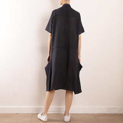 Chic stand collar pockets cotton linen v neck quilting dresses Tunic Tops black striped Dresses - SooLinen