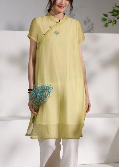 Chic stand collar summer Outfits yellow embroidery Dress - SooLinen