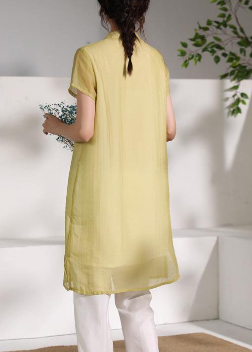 Chic stand collar summer Outfits yellow embroidery Dress - SooLinen