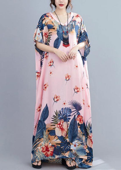 Chic v neck Batwing Sleeve dresses Wardrobes pink print long Dress - SooLinen